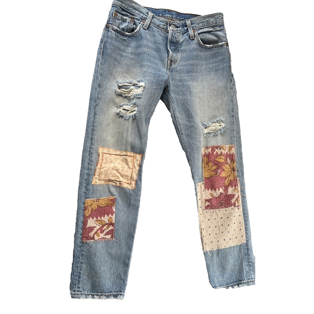 Levis 501 CT Jeans Women 30x27 (Tag 25x32) Distressed Patchwork Boho Taper